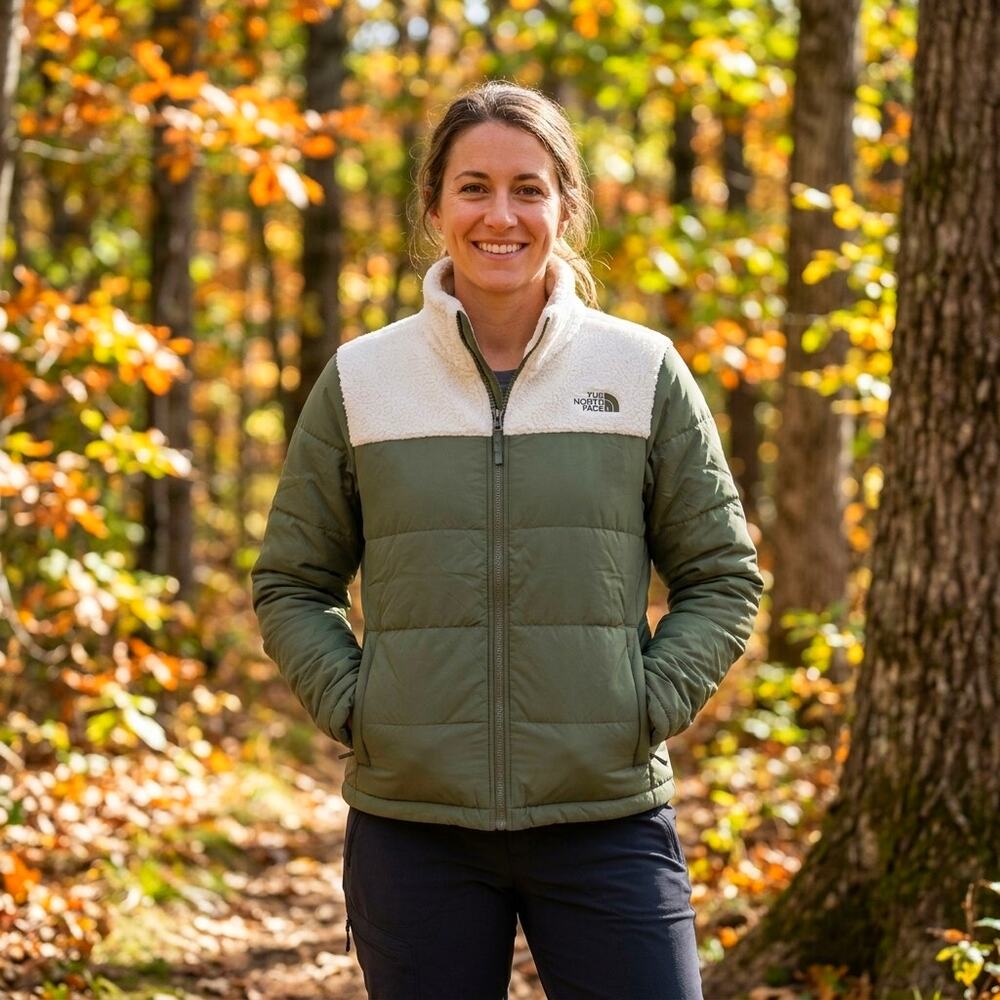 The North Face Fleece Puffer Jacket Peak Insulated Full Zip Ivory Green Large